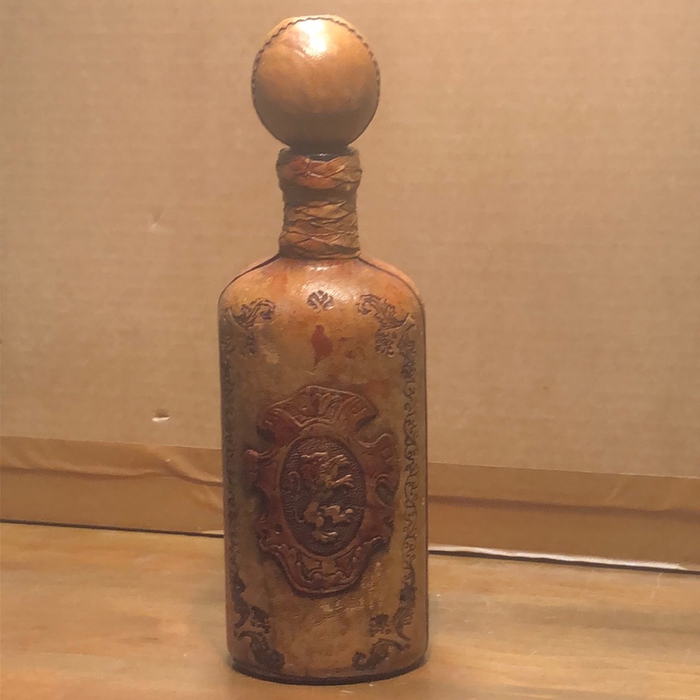Vintage Italian Leather Wrapped Glass Decanter w/ Lion Decoration